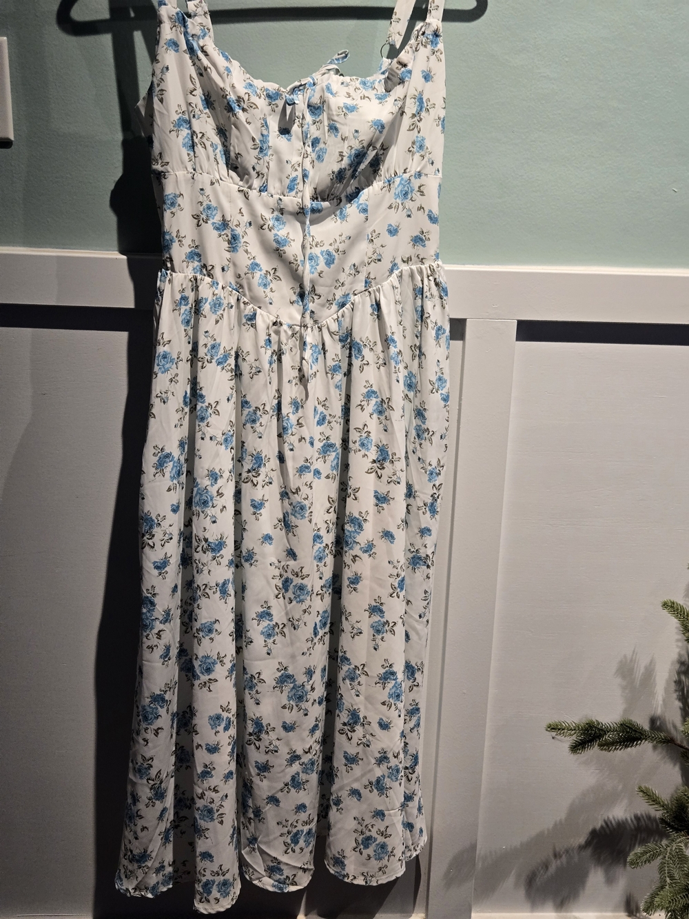 Scarlet Darkness Size Large Peasant Midi Dress White Blue Floral Cottage Core